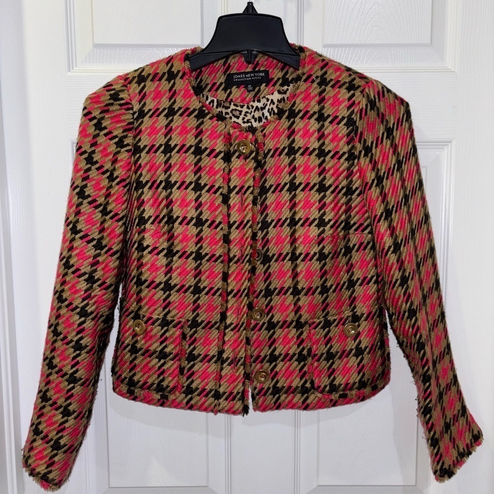 Jones New York Signature Women Short Jacket BLAZER Sz 6P PLAID PINK/BLACK/TAN.‌‌ - Picture 2 of 9